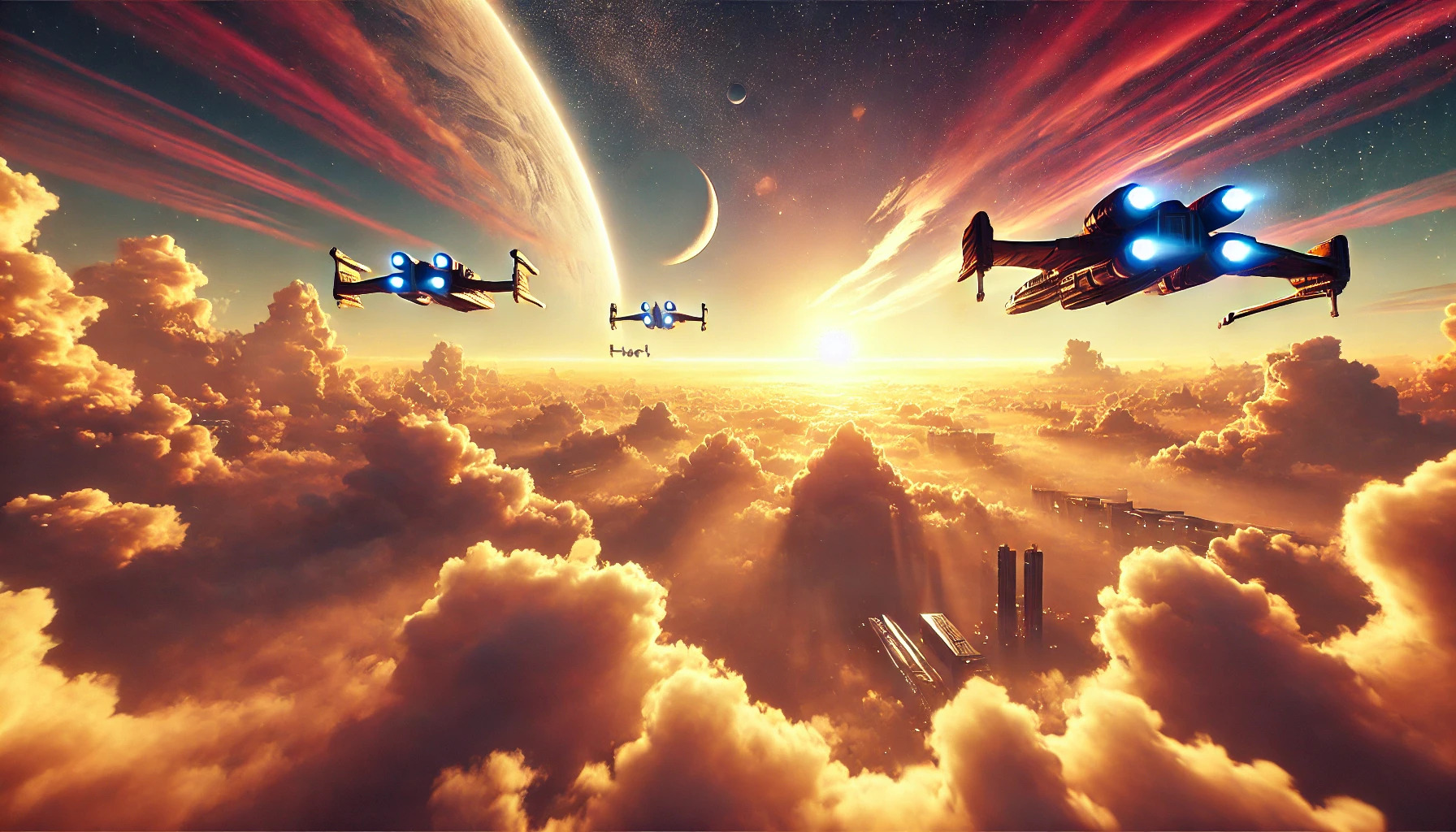 DALL·E 2024 08 03 13.59.55   A high quality computer game concept art image featuring starships floating in low hanging clouds. The scene shows several futuristic starships hoveri